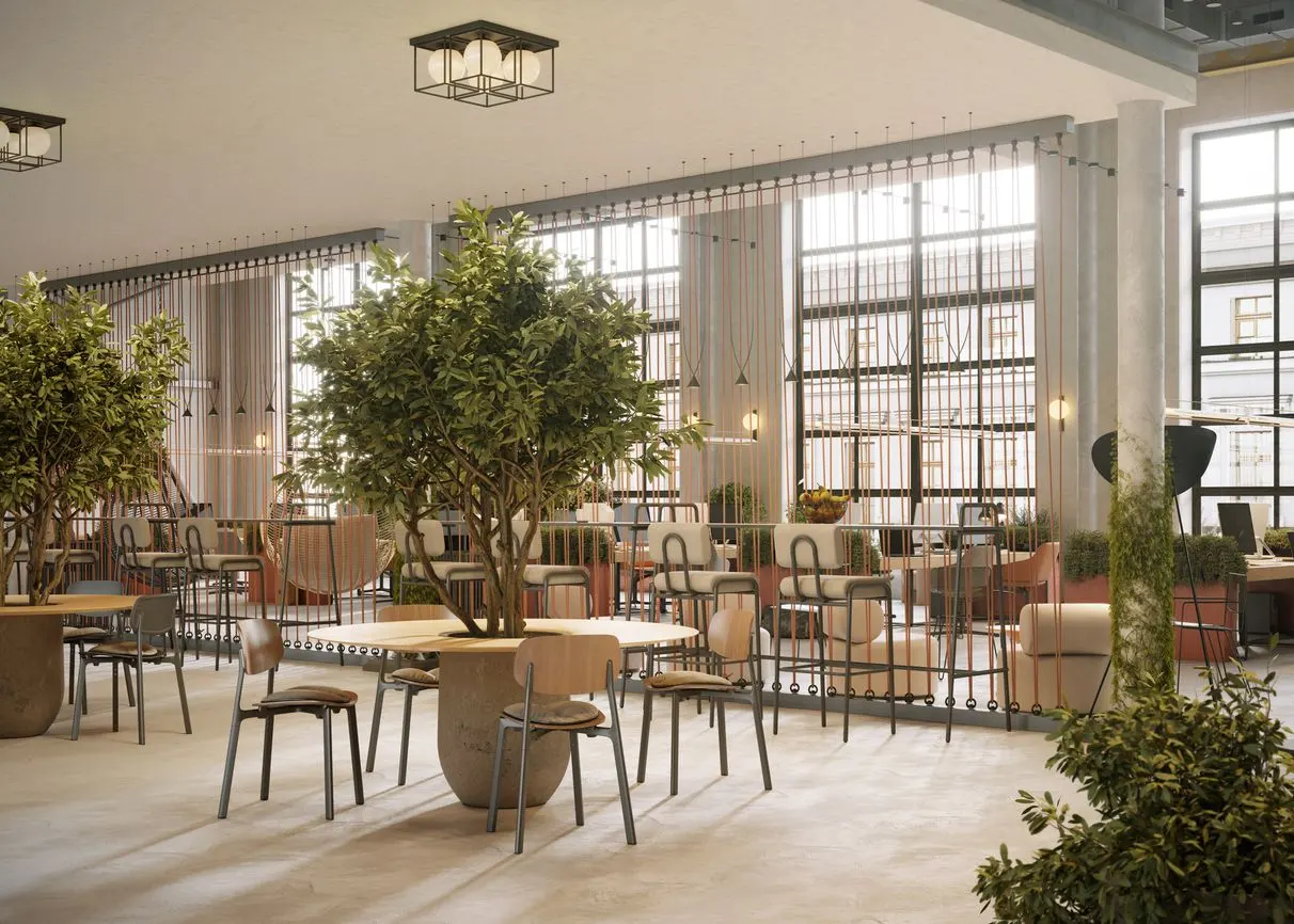 Duurzame kantine in kantooromgeving met planten  - circulair ontwerpen