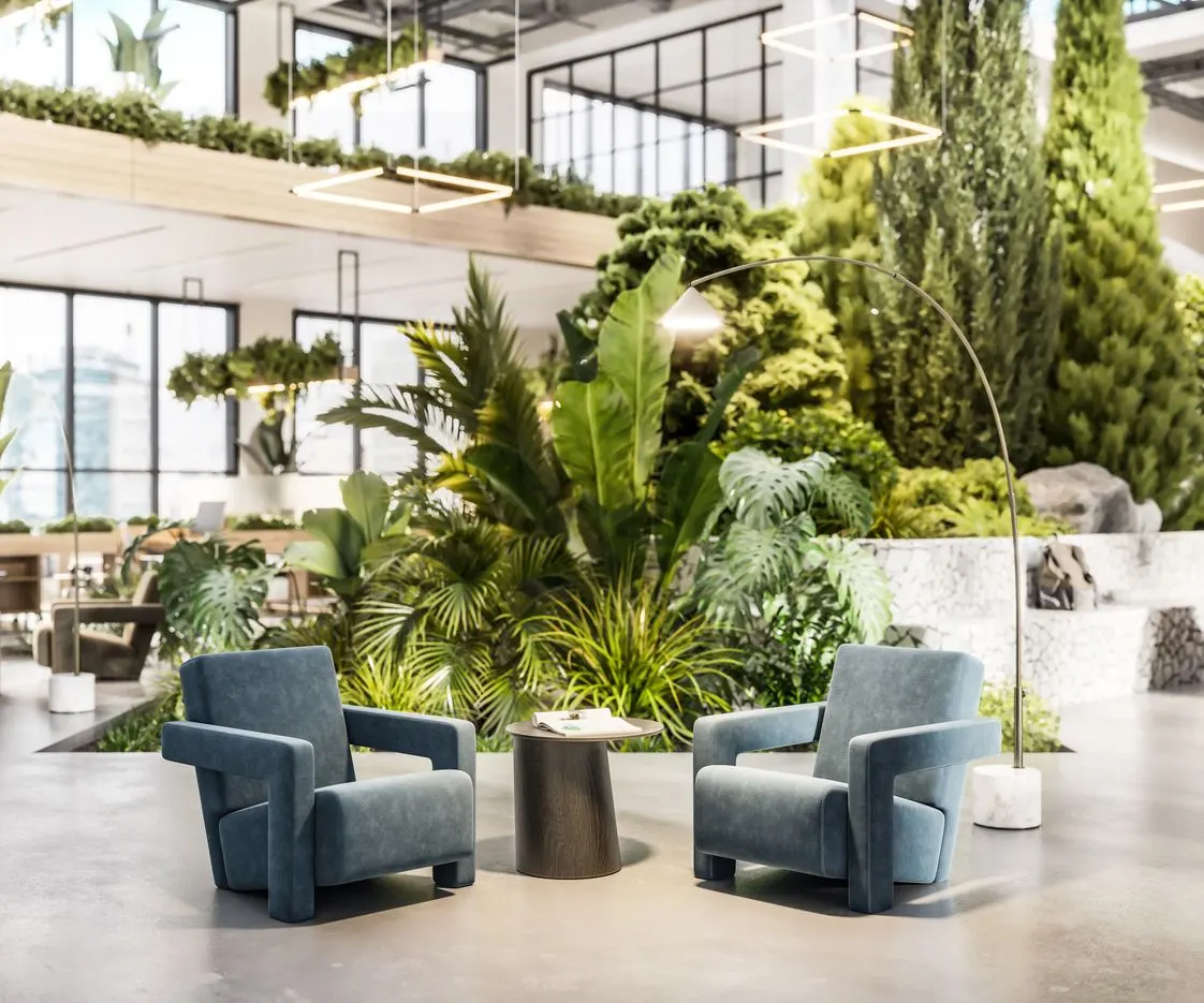 Duurzame lounge in kantooromgeving met planten  - circulair ontwerpen