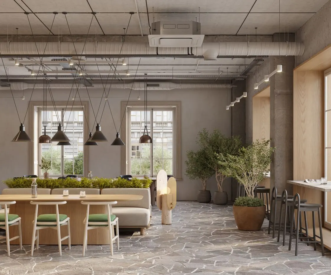 Duurzame kantine in kantooromgeving met planten  - circulair ontwerpen